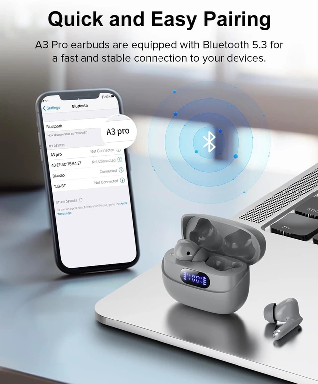 Alt view image 2 of 5 - Wireless Earbuds, 42H Playtime Bluetooth 5.3 Headphones, HiFi Stereo Call Noise Cancelling Earbuds, IPX7 Waterproof Stereo in-Ear Earphones with LED Display for iOS Android Gray