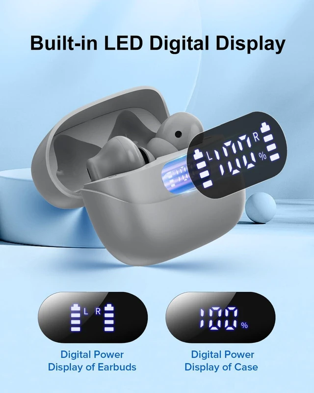 Alt view image 5 of 5 - Wireless Earbuds, 42H Playtime Bluetooth 5.3 Headphones, HiFi Stereo Call Noise Cancelling Earbuds, IPX7 Waterproof Stereo in-Ear Earphones with LED Display for iOS Android Gray