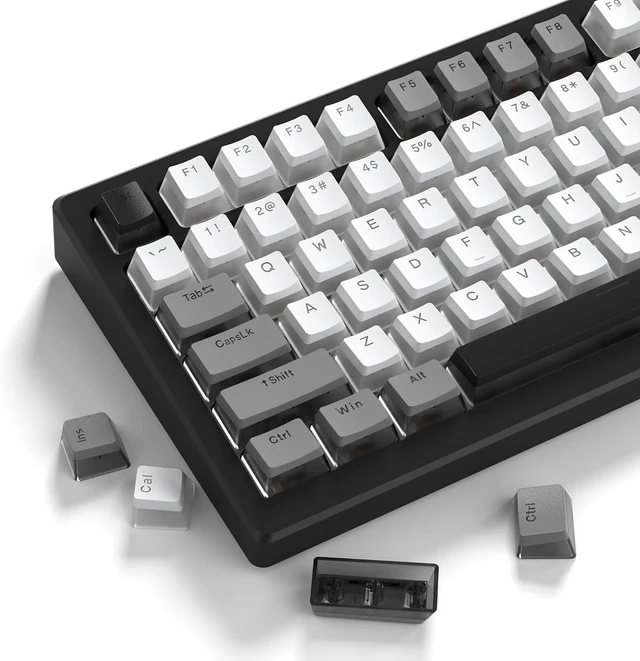 Main image of Pudding Keycaps, PBT Shine Through Keycaps Black 143 Keys Set | Custom Key caps Set OEM Profile, Universal Compatiability Mechanical Keyboard Keycaps for 100%, 75%, 65%, 60% Keyboard-Black White/Grey