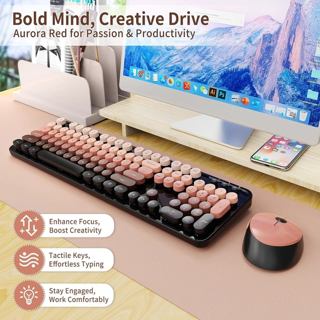 Alt view image 2 of 4 - Wireless Keyboard and Mouse, Full-Size Typewriter Keyboard with Retro Round Keycaps, Ergonomic Design, Compatible with Windows PCs, Ideal for Home and Office. (Milk Tea) Aurora Red