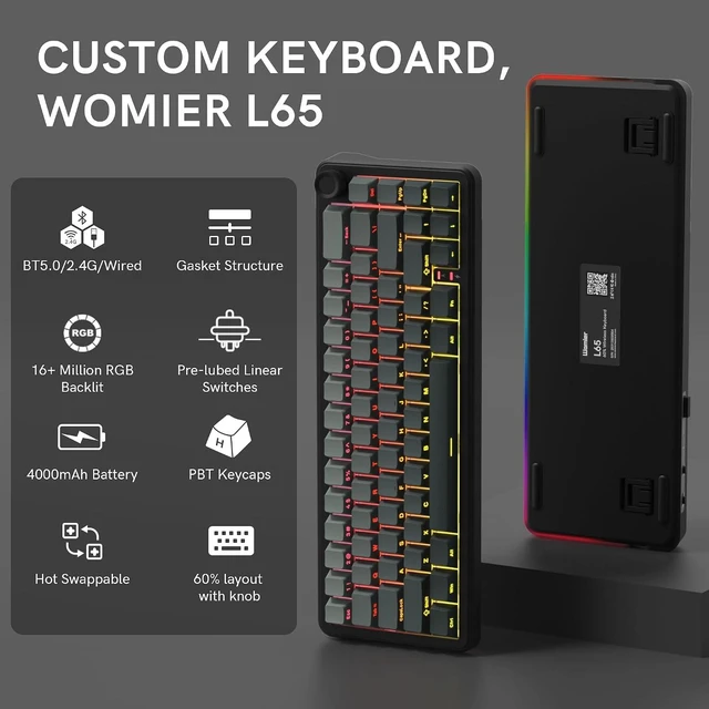 Alt view image 4 of 4 - womier L65 60% Brown Mechanical Keyboard with Knob,4000mAh,Tri Mode USB-C/BT5.0/2.4G,RGB Backlit,Hot Swap,Linear Switch,Gasket Mounted Wireless Gaming Keyboard for PC/Mac,Wood Pattern Theme Black