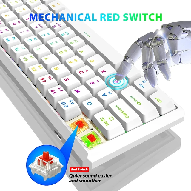 Alt view image 2 of 4 - 60% Wired Mechanical Keyboard (Black-Red, Red Switches) | Mini Gaming Keyboard with 61 Keys for PC, Windows XP, Win 7, Win 10 White/Red Switch