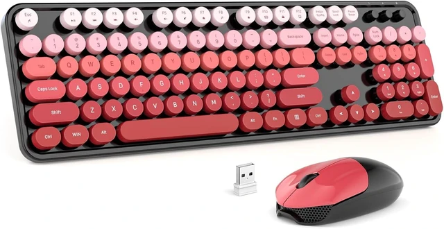 Main image of Wireless Keyboard and Mouse, Pink Colorful Round Key Retro Typewriter Keyboards, USB Wireless 2.4G Full Size Keyboard and Cute Mice Combo for Computer, Laptop, PC, Chromebook, Smart TV