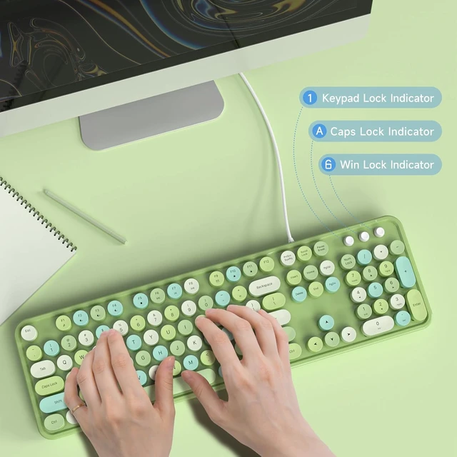 Alt view image 3 of 4 - Wired Computer Keyboard, Full-Size USB Keyboard with Round Keycaps & Numeric Keypad, Plug-and-Play for Windows 7 8 10 11, PC, Laptop, Desktop, Home, Office Green Colorful