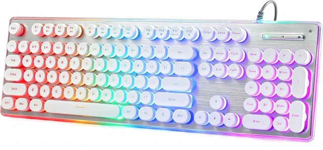 Main image of Typewriter Style Keyboard with Metal Panel, Rainbow LED Backlit, Round Keys | 26 Keys Anti-ghosting, Spill Resistant, Light Up USB Wired Retro 104 Keys for Office,Gaming, Black/Silver White