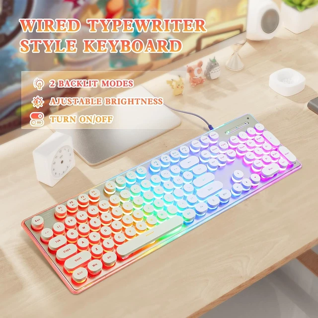 Alt view image 2 of 3 - Typewriter Style Keyboard with Metal Panel, Rainbow LED Backlit, Round Keys | 26 Keys Anti-ghosting, Spill Resistant, Light Up USB Wired Retro 104 Keys for Office,Gaming, Black/Silver White