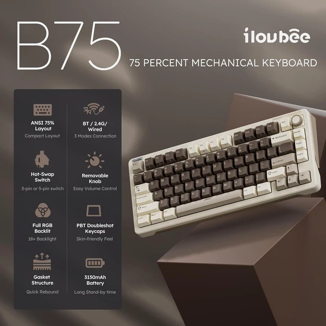 Alt view image 2 of 4 - B75 Wireless Mechanical Keyboard with Knob, Linear Switch, White | 75% Percent RGB Creamy Keyboard with Bluetooth/2.4G/USB Wired, Gasket Hot Swappable Gaming Keyboards for Win/Mac/PC Laptop Mocha