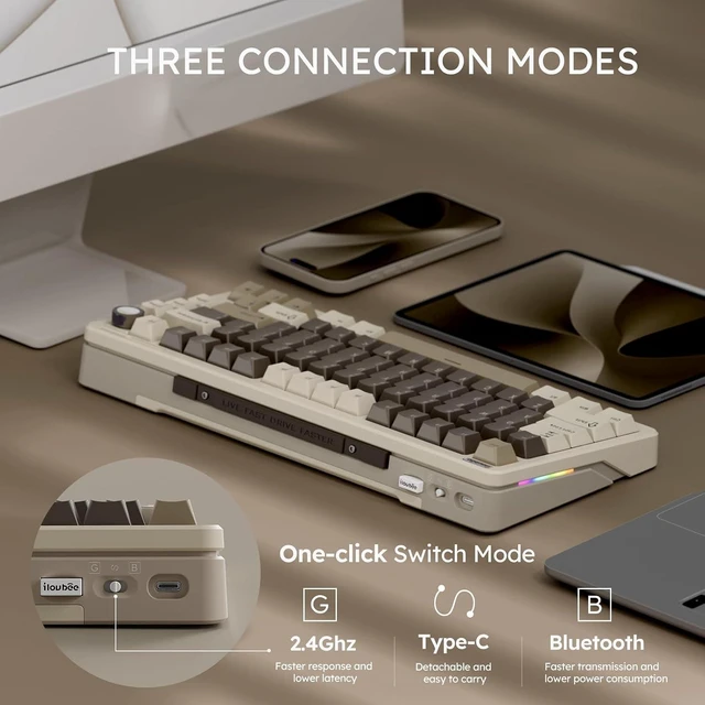 Alt view image 4 of 4 - B75 Wireless Mechanical Keyboard with Knob, Linear Switch, White | 75% Percent RGB Creamy Keyboard with Bluetooth/2.4G/USB Wired, Gasket Hot Swappable Gaming Keyboards for Win/Mac/PC Laptop Mocha