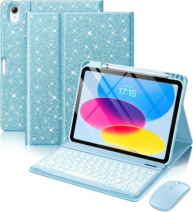 Main image of for iPad A16 11th 10th Generation Case with Keyboard - Wireless | Mouse, Backlit Detachable Glitter Folio Keyboard Cover, Pencil Holder, for iPad A16 11-inch 2025 10th 10.9 in 2022, Pink Sky Blue