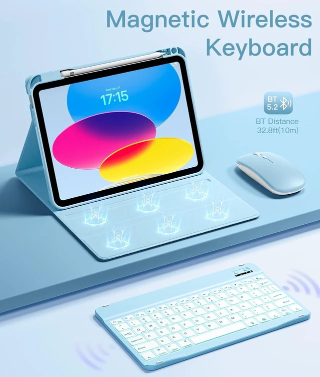 Alt view image 4 of 5 - for iPad A16 11th 10th Generation Case with Keyboard - Wireless | Mouse, Backlit Detachable Glitter Folio Keyboard Cover, Pencil Holder, for iPad A16 11-inch 2025 10th 10.9 in 2022, Pink Sky Blue