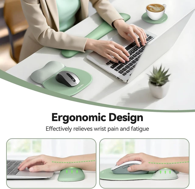 Alt view image 4 of 4 - Gel Ergonomic Mouse Pad & Keyboard Wrist Rest & Coaster | 3 in 1 Set, Pain Relief, Milk Silk Cloth, Non-Slip PU Base, Easy Typing, Memory Foam Wrist Support for Office & Home Green
