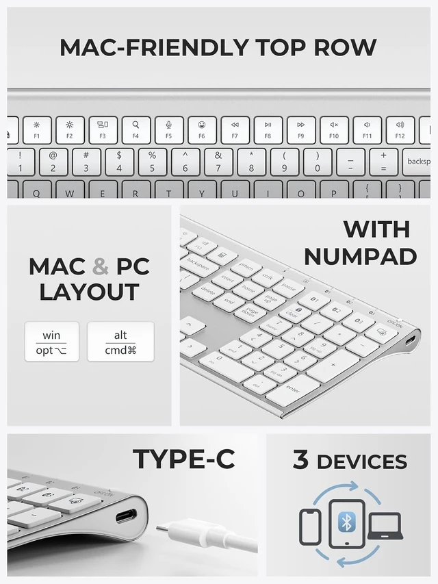 Alt view image 3 of 4 - BK10 Max Bluetooth Keyboard for Mac, Slim Full-Size Layout, Black | 3-Device Bluetooth Switching, Wireless Keyboard with Numeric Keypad, Quiet Typing, USB-C Rechargeable for MacBook & Windows Silver