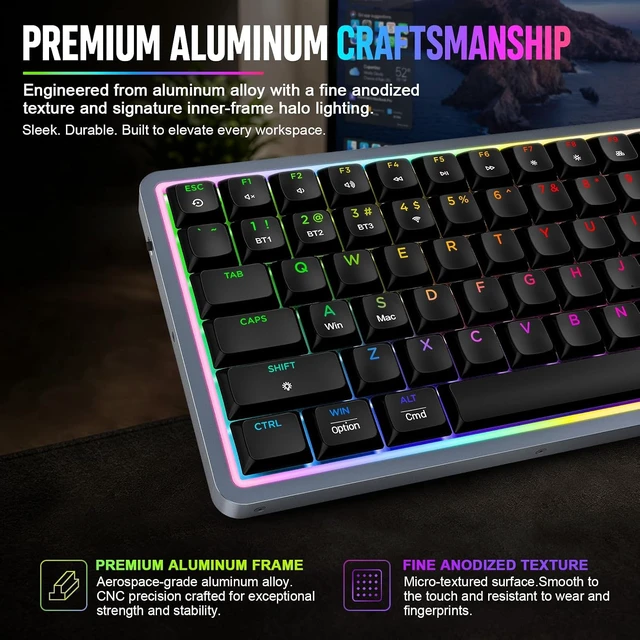 Alt view image 3 of 5 - Air75 Low Profile Mechanical Keyboard Wireless, 75% Aluminum Frame, Hot Swappable, Shine Through PBT Keycaps, RGB Backlit, Bluetooth/2.4GHz/USB-C, Gaming Keyboard for Mac Windows (White) Black