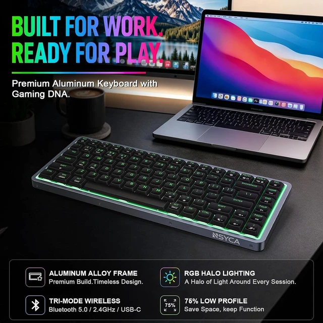Alt view image 2 of 5 - Air75 Low Profile Mechanical Keyboard Wireless, 75% Aluminum Frame, Hot Swappable, Shine Through PBT Keycaps, RGB Backlit, Bluetooth/2.4GHz/USB-C, Gaming Keyboard for Mac Windows (White) Black
