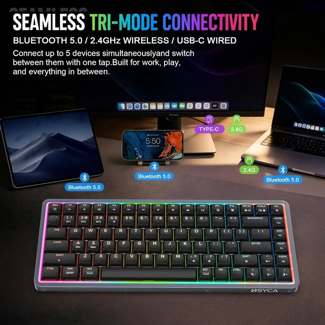 Alt view image 4 of 5 - Air75 Low Profile Mechanical Keyboard Wireless, 75% Aluminum Frame, Hot Swappable, Shine Through PBT Keycaps, RGB Backlit, Bluetooth/2.4GHz/USB-C, Gaming Keyboard for Mac Windows (White) Black