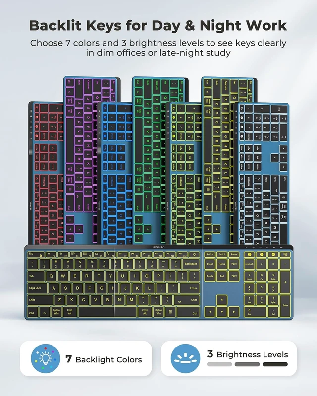 Alt view image 2 of 5 - COE64-3 Pro Wireless Bluetooth Keyboard Mouse Combo, 7-Color Backlit | USB/Bluetooth multi-device switching, quiet clicks, a rechargeable, slim full-size set for Windows, Mac, iPad, Black Gray