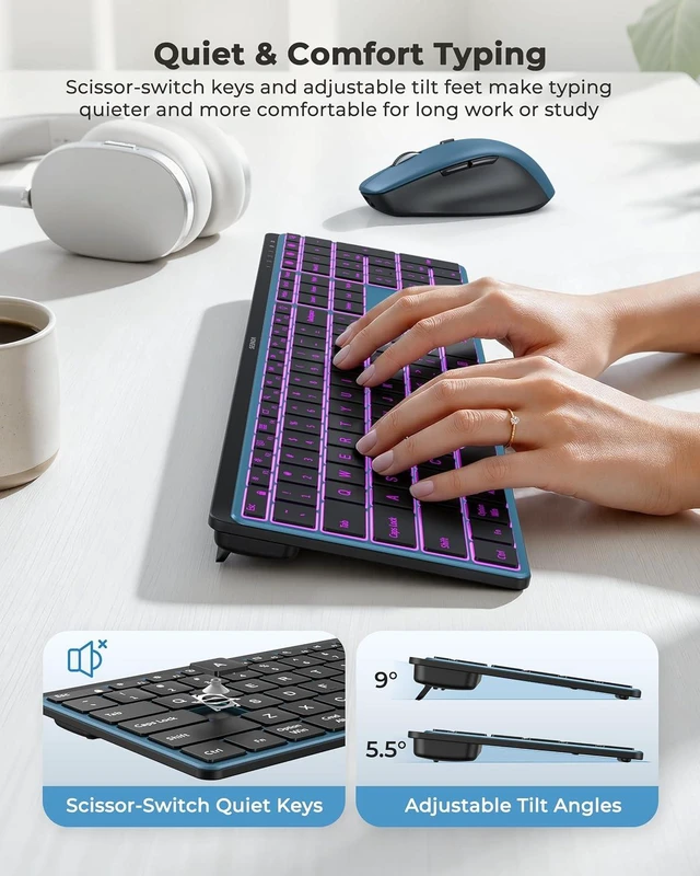 Alt view image 5 of 5 - COE64-3 Pro Wireless Bluetooth Keyboard Mouse Combo, 7-Color Backlit | USB/Bluetooth multi-device switching, quiet clicks, a rechargeable, slim full-size set for Windows, Mac, iPad, Black Gray