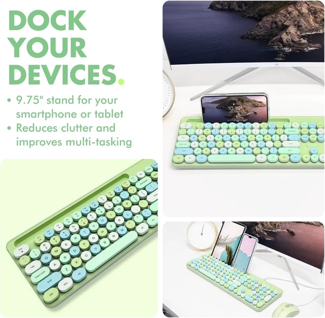 Alt view image 4 of 4 - Wired Keyboard and Mouse Combo with Phone/Tablet Holder - Full-Sized 109 Keys Pastel Keyboard and Adjustable DPI, Backlit Keyboard and Mouse for PC, Windows, MAC, Desktop, Laptop - Brown Light Green