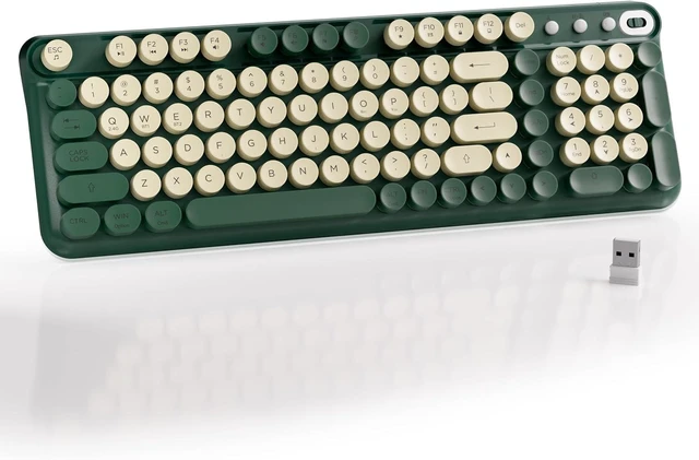 Main image of Bluetooth Wireless Computer Keyboard (Blue) | Colorful 99 Round Keys Retro Membrane Keyboard with Click Typing Feel, Power Switch, Ideal Gift for Office, Home Milk Dark-Green