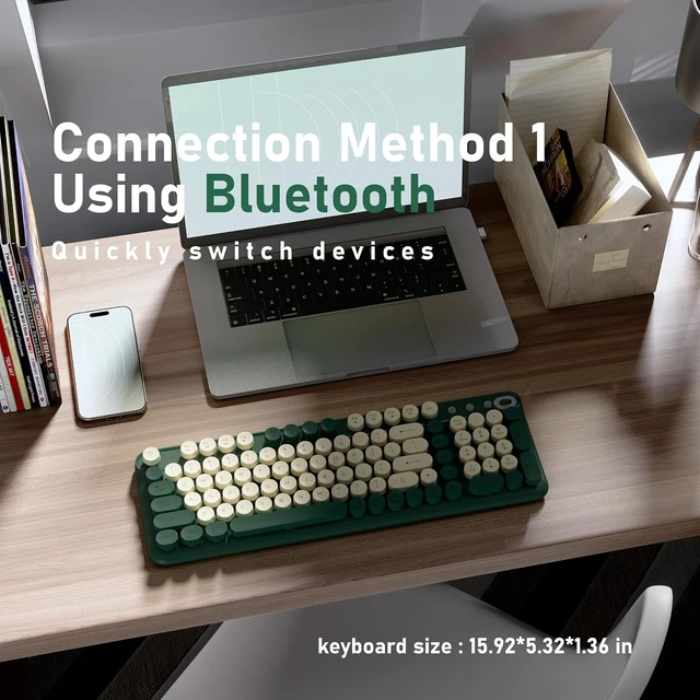 Alt view image 3 of 4 - Bluetooth Wireless Computer Keyboard (Blue) | Colorful 99 Round Keys Retro Membrane Keyboard with Click Typing Feel, Power Switch, Ideal Gift for Office, Home Milk Dark-Green