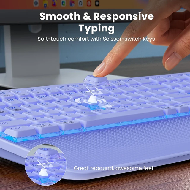 Alt view image 3 of 4 - Wireless Backlit Keyboard and Mouse Combo, Rechargeable Quiet | 4000mAh Battery, Laptop-Style Scissor Keys, Full Size Layout, Wrist Rest, Phone Holder, USB-C Adapter, PC Mac Compatible Purple