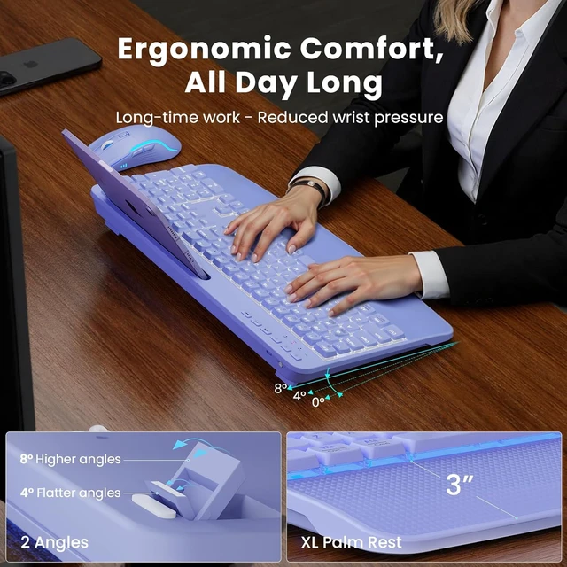 Alt view image 2 of 4 - Wireless Backlit Keyboard and Mouse Combo, Rechargeable Quiet | 4000mAh Battery, Laptop-Style Scissor Keys, Full Size Layout, Wrist Rest, Phone Holder, USB-C Adapter, PC Mac Compatible Purple
