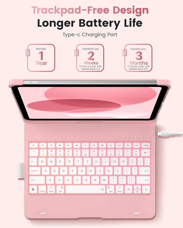Alt view image 3 of 4 - Flexbook Trackpad-Free Keyboard Case for iPad A16 11th/10th Gen | 360° Rotating, 11-Color Backlit Keys, Pencil Holder; Fits iPad A16 11 (2025) & 10th Gen 10.9 (2022), Yellow Light Pink