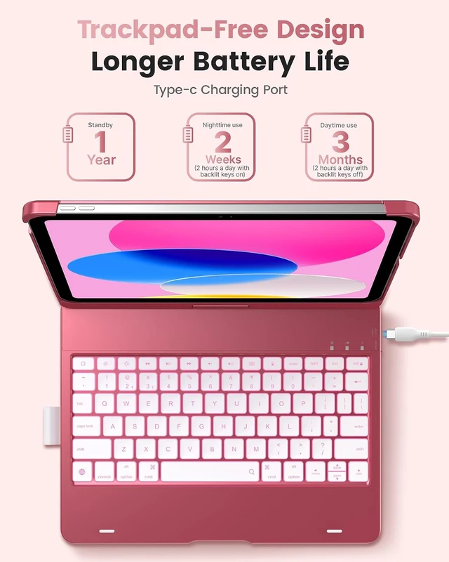 Alt view image 3 of 4 - Flexbook Trackpad-Free Keyboard Case for iPad A16 11th/10th Gen | 360° Rotating, 11-Color Backlit Keys, Pencil Holder; Fits iPad A16 11 (2025) & 10th Gen 10.9 (2022), Yellow Pink
