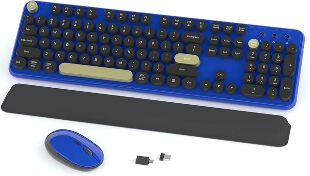 Main image of Ergonomic Wireless Keyboard and Mouse Combo (Burgundy-Black) | Full Size Retro Round Typewriter Style Keyboard with Wrist Rest, Smart Sleep Mode, 2.4GHz Wireless for Windows and Mac Blue