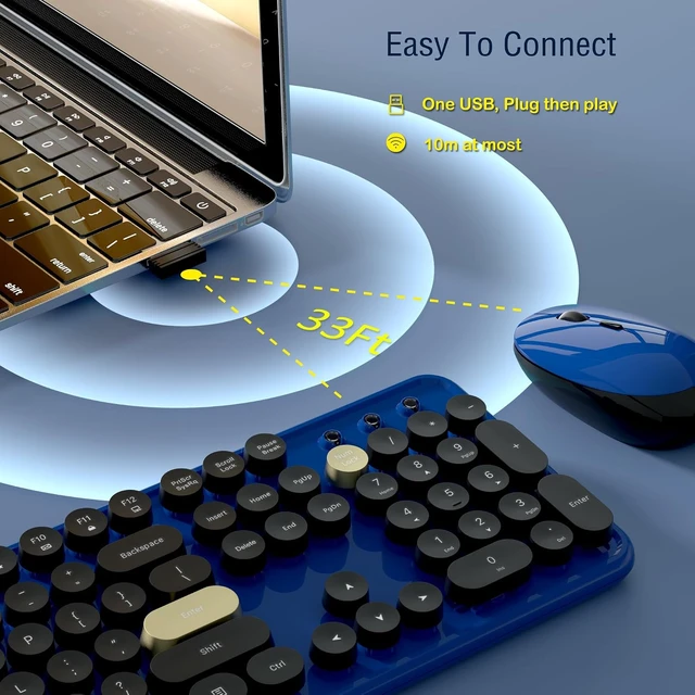 Alt view image 2 of 4 - Ergonomic Wireless Keyboard and Mouse Combo (Burgundy-Black) | Full Size Retro Round Typewriter Style Keyboard with Wrist Rest, Smart Sleep Mode, 2.4GHz Wireless for Windows and Mac Blue