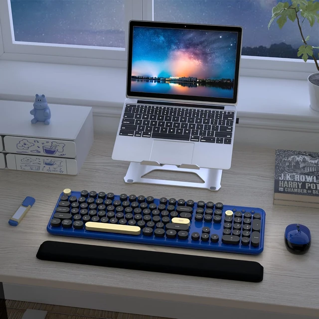 Alt view image 3 of 4 - Ergonomic Wireless Keyboard and Mouse Combo (Burgundy-Black) | Full Size Retro Round Typewriter Style Keyboard with Wrist Rest, Smart Sleep Mode, 2.4GHz Wireless for Windows and Mac Blue