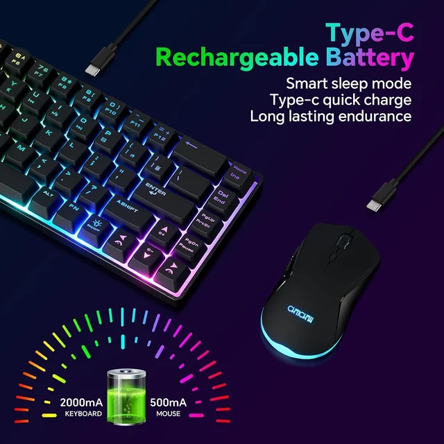 Alt view image 3 of 4 - 60% Wireless Gaming Keyboard and Mouse Combo, RGB Backlit Rechargeable | LED Light Up keyboards, Wireless Gaming Mouse and Keyboard for Xbox PS4 PS5 PC Laptop (Black-white) Black