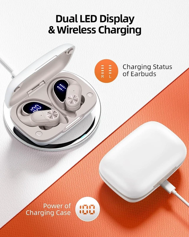 Alt view image 2 of 5 - Bluetooth Headphones Wireless Earbuds 80hrs Playtime Wireless Charging Case Digital Display Sports Ear Buds with Earhook Deep Bass IPX7 Waterproof Over-Ear Earphones for TV Phone Laptop Black Beige