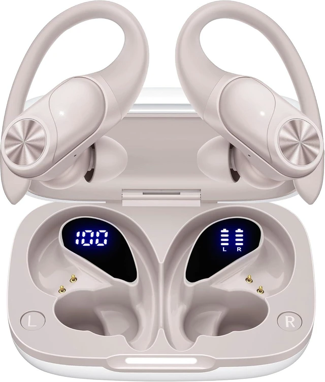 Main image of Bluetooth Headphones Wireless Earbuds 80hrs Playtime Wireless Charging Case Digital Display Sports Ear Buds with Earhook Deep Bass IPX7 Waterproof Over-Ear Earphones for TV Phone Laptop Black Beige