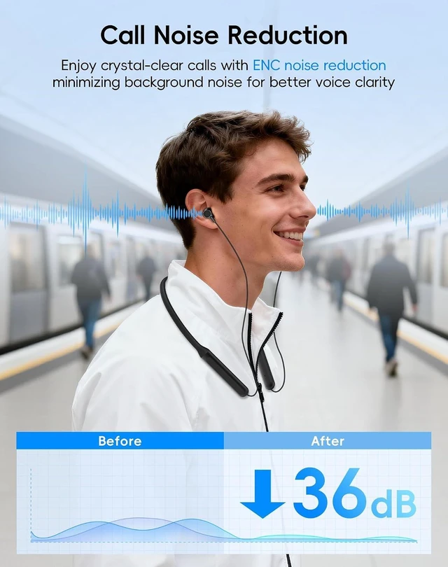 Alt view image 2 of 4 - Wireless Neckband Bluetooth Headphones with Microphone | Bluetooth 6.0 Earbuds, Light Comfort, Deep Bass, 35H Playtime, IPX5 Waterproof, Magnetic Workout Headset Black