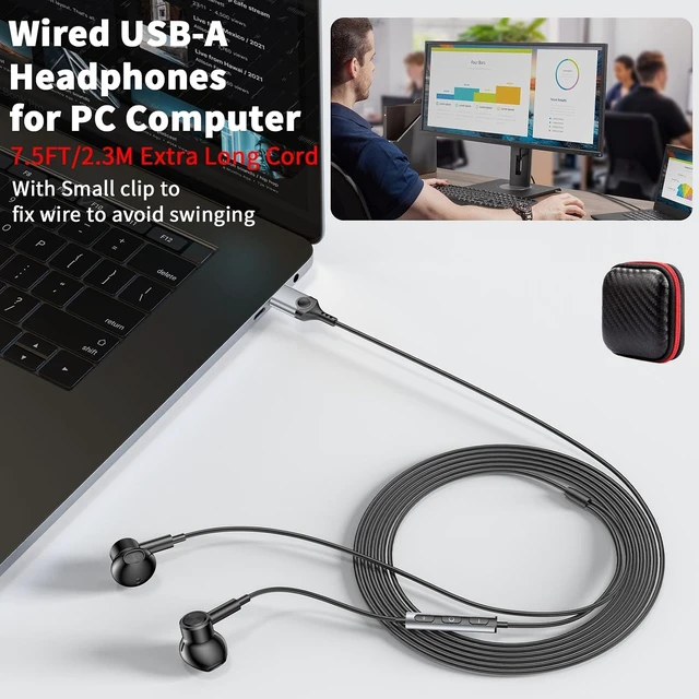 Alt view image 2 of 4 - USB Earbuds Wired with Microphone for PC,USB-A Headset for Computer | Wired USB Headsphones with Mic/7.5ft long Cord,Magnetic Corded Headset for HP/Dell Laptop Home Office Zoom School,Green Black