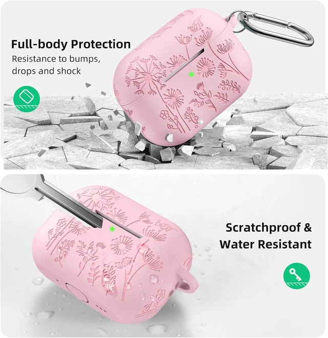 Alt view image 3 of 4 - for AirPods Pro 3 Case with Cleaner Kit & Keychain, Lavender | Flower Engraved Silicone Cover Compatible with Apple AirPod Pro 3 Case Cute for Women, Scratchproof, Shockproof, Dustproof A-Pink