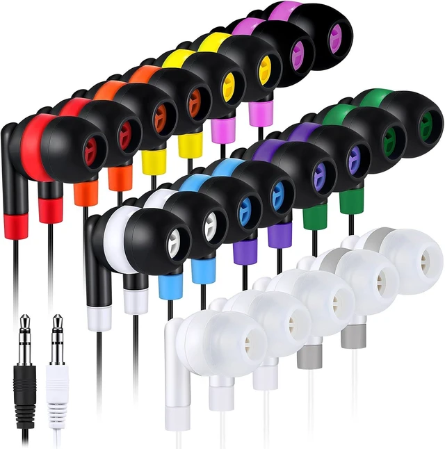 Main image of 100 Pack Wired Earbuds Bulk for Classroom, No Mic 3.5mm, Multicolor | Individually Bagged, Universal for Laptop Tablet, Budget Student Headphones for School Library Testing, Kids Colorful
