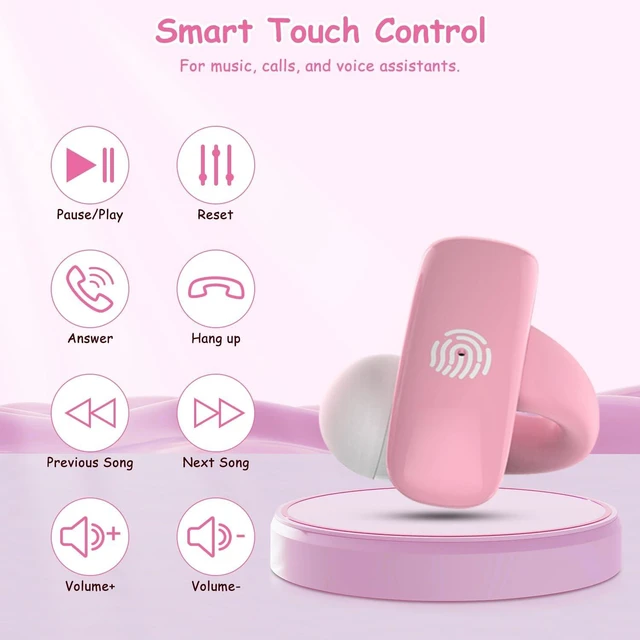 Alt view image 4 of 4 - Kids True Wireless Earbuds, Open Ear Headphones for Boy Girl Teen | 85dB Volume Limit, 5g Ultra-light, Bluetooth 5.4, 20H Charging Case, Built-in Mic for Study Music Call, Smart Touch Control Pink