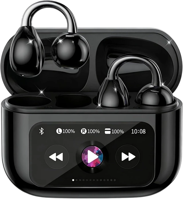 Main image of M100 Clip On Earbuds with Touchscreen Case , Open Ear Wireless Headphones for Glasses & Small Ears ,50H Total Battery, Bluetooth 6.0, IPX7 Waterproof,Ultra-Light 4g for Running & Workouts,purple Black