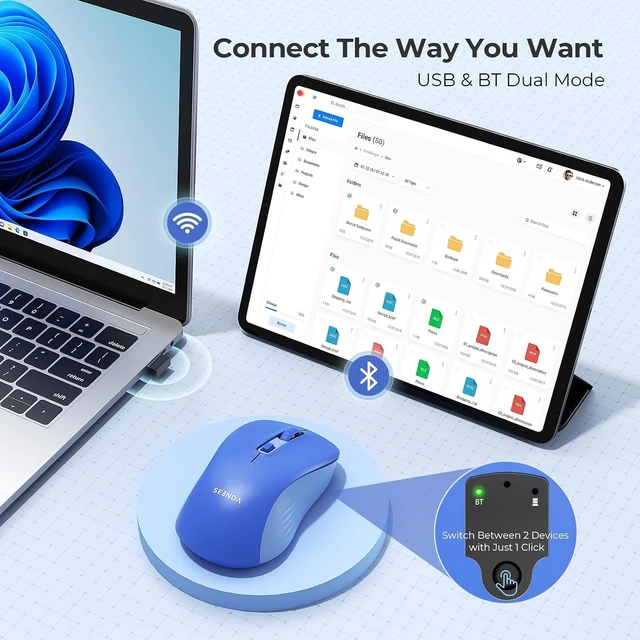 Alt view image 6 of 6 - Bluetooth Wireless Mouse, Dual Mode, Quiet 1600 DPI, Pink | Dual-mode Bluetooth and 2.4G USB mouse with quiet clicks, smooth tracking, ergonomic design, and 12-Months battery life Blue