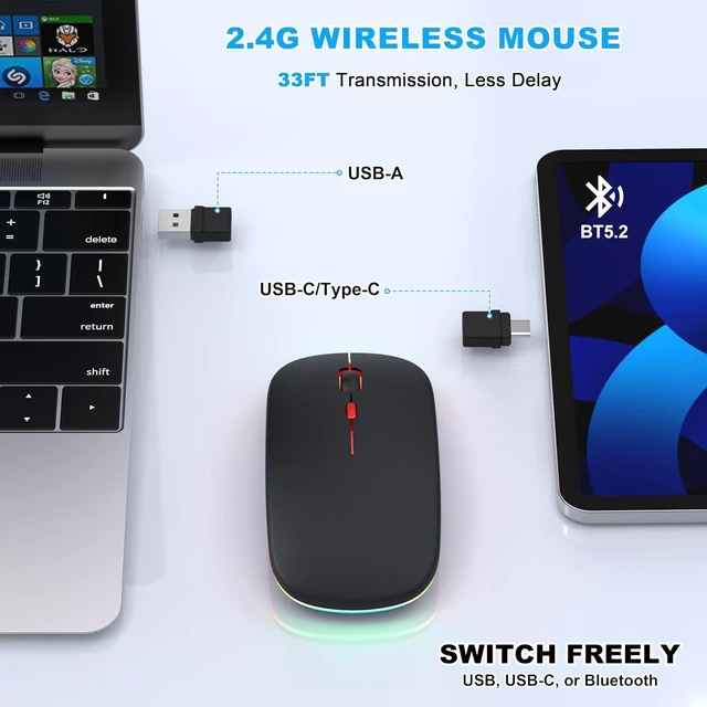 Alt view image 3 of 5 - LED Bluetooth Wireless Mouse for MacBook Air Mac Pro Laptop iPadRose Gold | Rechargeable Silent Light-Up Optical Mouse with Jiggler Dual Mode BT5.2 & USB-A/USB-C for Students Kids Girls Boys Black