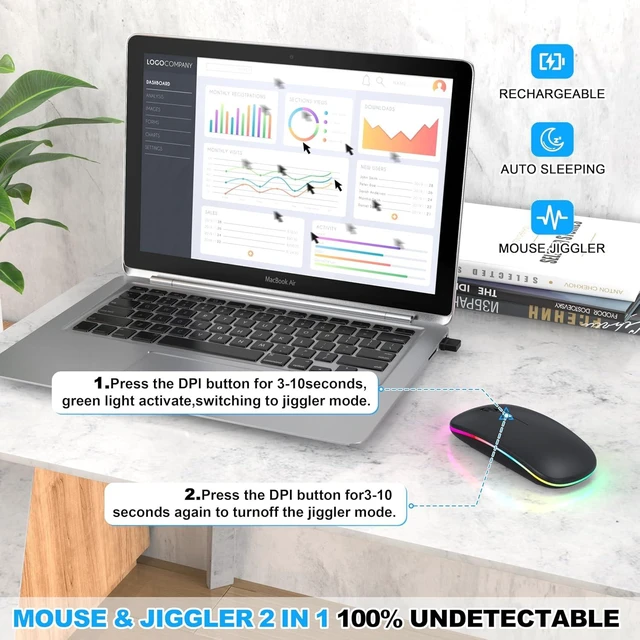 Alt view image 4 of 5 - LED Bluetooth Wireless Mouse for MacBook Air Mac Pro Laptop iPadRose Gold | Rechargeable Silent Light-Up Optical Mouse with Jiggler Dual Mode BT5.2 & USB-A/USB-C for Students Kids Girls Boys Black