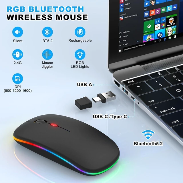 Alt view image 5 of 5 - LED Bluetooth Wireless Mouse for MacBook Air Mac Pro Laptop iPadRose Gold | Rechargeable Silent Light-Up Optical Mouse with Jiggler Dual Mode BT5.2 & USB-A/USB-C for Students Kids Girls Boys Black