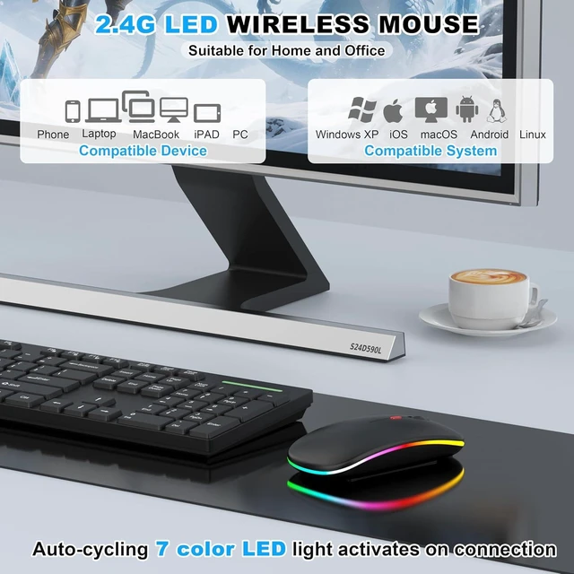 Alt view image 2 of 5 - LED Bluetooth Wireless Mouse for MacBook Air Mac Pro Laptop iPadRose Gold | Rechargeable Silent Light-Up Optical Mouse with Jiggler Dual Mode BT5.2 & USB-A/USB-C for Students Kids Girls Boys Black