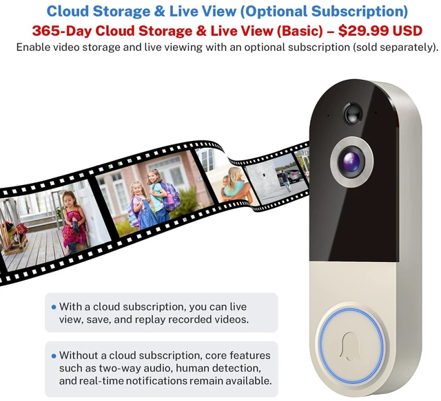 Alt view image 7 of 7 - WiFi Video Doorbell Camera with Human Detection, Battery Powered, Night Vision, 2-Way Talk, 2.4G WiFi, Cloud Storage, Home Security Systems