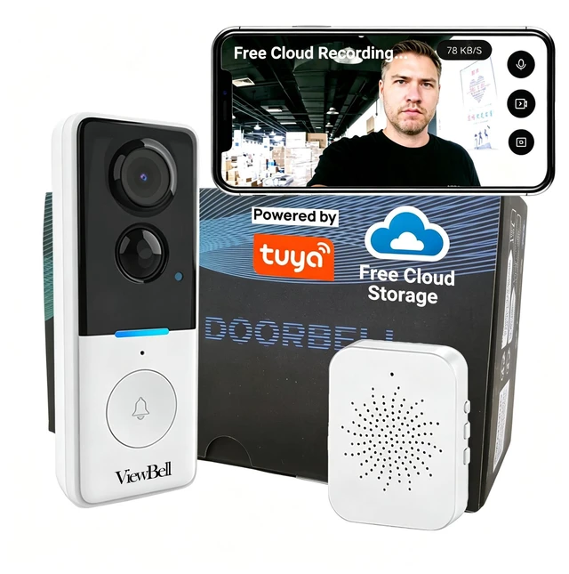 Main image of Doorbell Camera Wireless No Subscription with Free Cloud Storage | Proactive Human Detection, Local Storage Support, Battery Powered, 720P Night Vision, Two-Way Audio, Tuya App