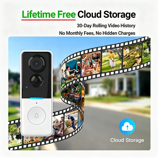Alt view image 2 of 7 - Doorbell Camera Wireless No Subscription with Free Cloud Storage | Proactive Human Detection, Local Storage Support, Battery Powered, 720P Night Vision, Two-Way Audio, Tuya App