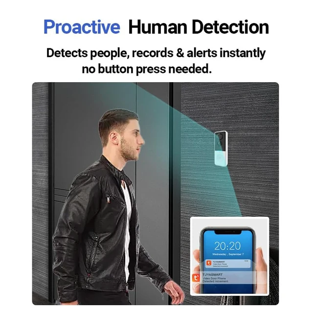 Alt view image 5 of 7 - Doorbell Camera Wireless No Subscription with Free Cloud Storage | Proactive Human Detection, Local Storage Support, Battery Powered, 720P Night Vision, Two-Way Audio, Tuya App
