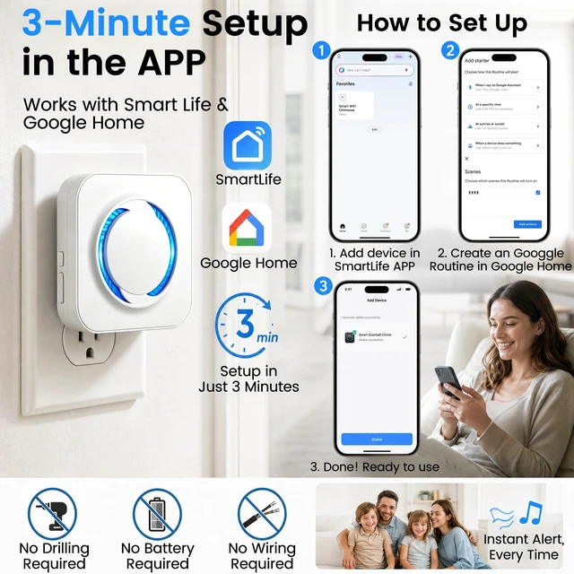 Alt view image 3 of 7 - WiFi Chime for Nest Doorbell, 32 Tones, LED Flash, 999+ Expandable | Works with Google Nest Video Doorbell, Plug and Play Indoor Chime, 5 Volume Levels, Silent Flash Mode, Whole-Home Coverage